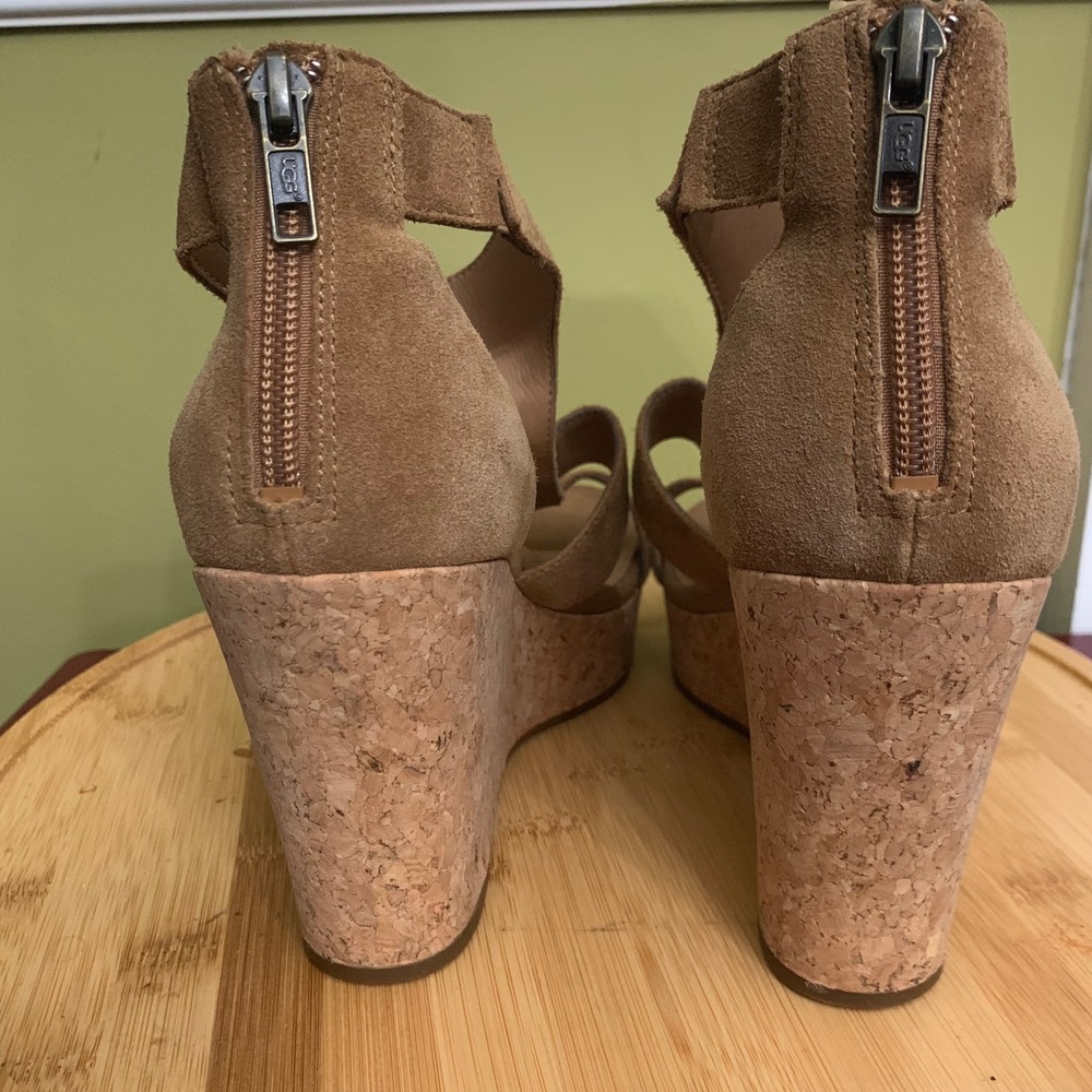 UGG Wedge Sandals Womens 8.5 Chestnut Whitney Suede Cork Platform Strappy Heel - Picture 3 of 8